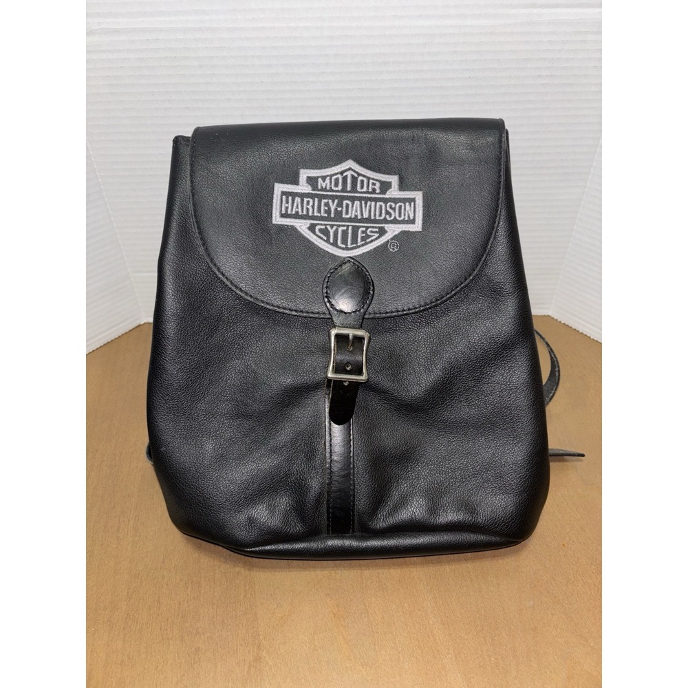 Vintage Harley Davidson Black/White Speckled Leather Backpack/Bar & Shield